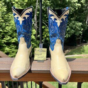 Rios of Mercedes Light Beige/Bone color Lizard w/Blue Kidskin Shafts in size 11D